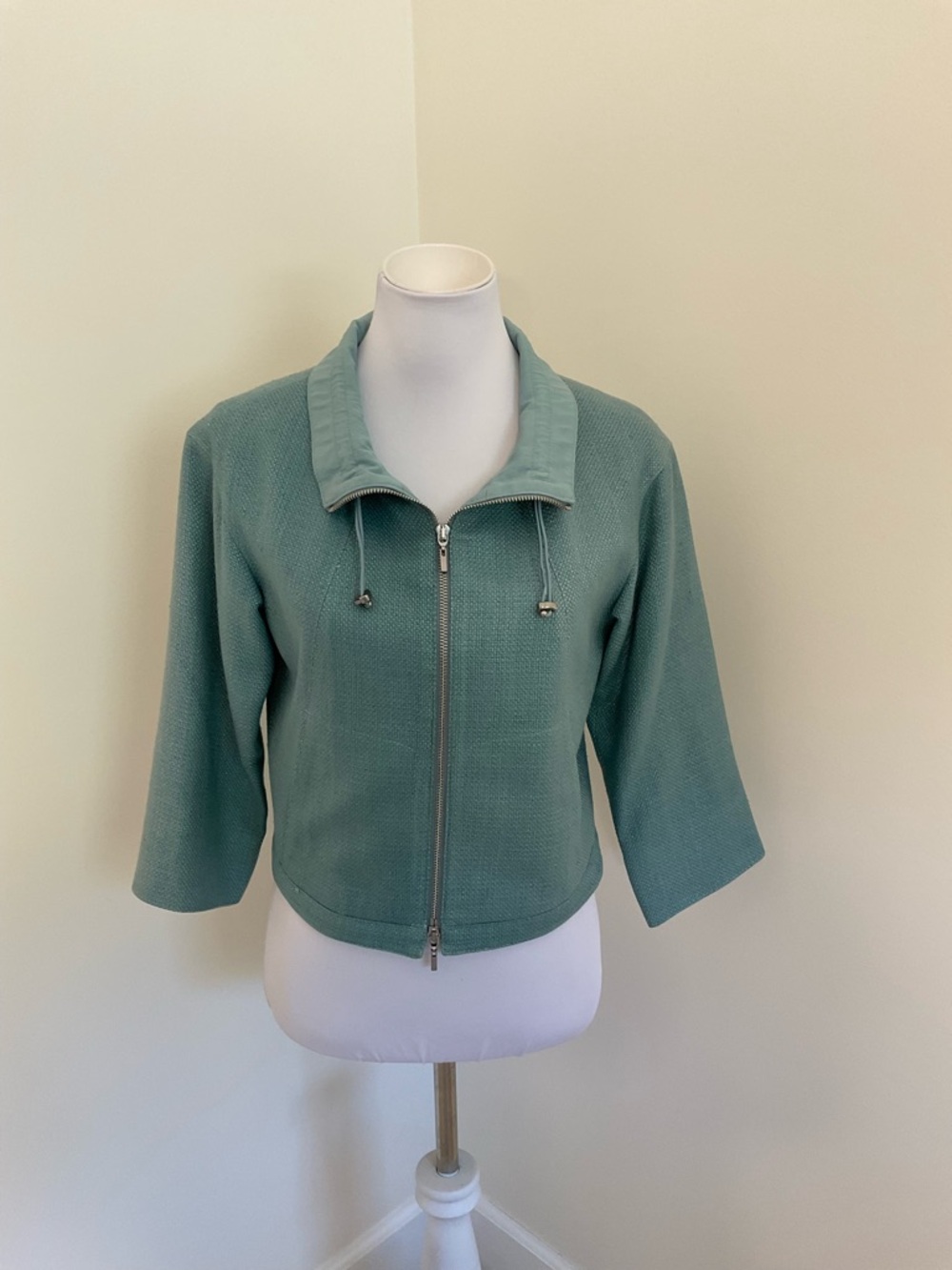 Worth New York Light Teal Textured Zip Front Crop Jacket